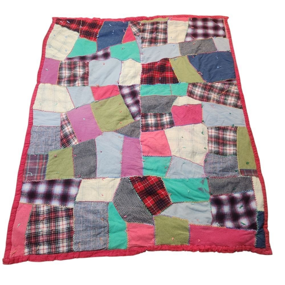 Vintage Handmade Patchwork Crazy Quilt Camp Blanket Wool Blend 78x62 Red Blue